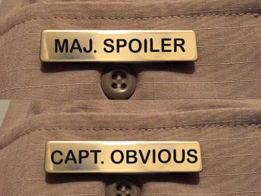 Major Spoiler Captain Obvious Brass Name Badge - Cosplay Halloween Costume Custom